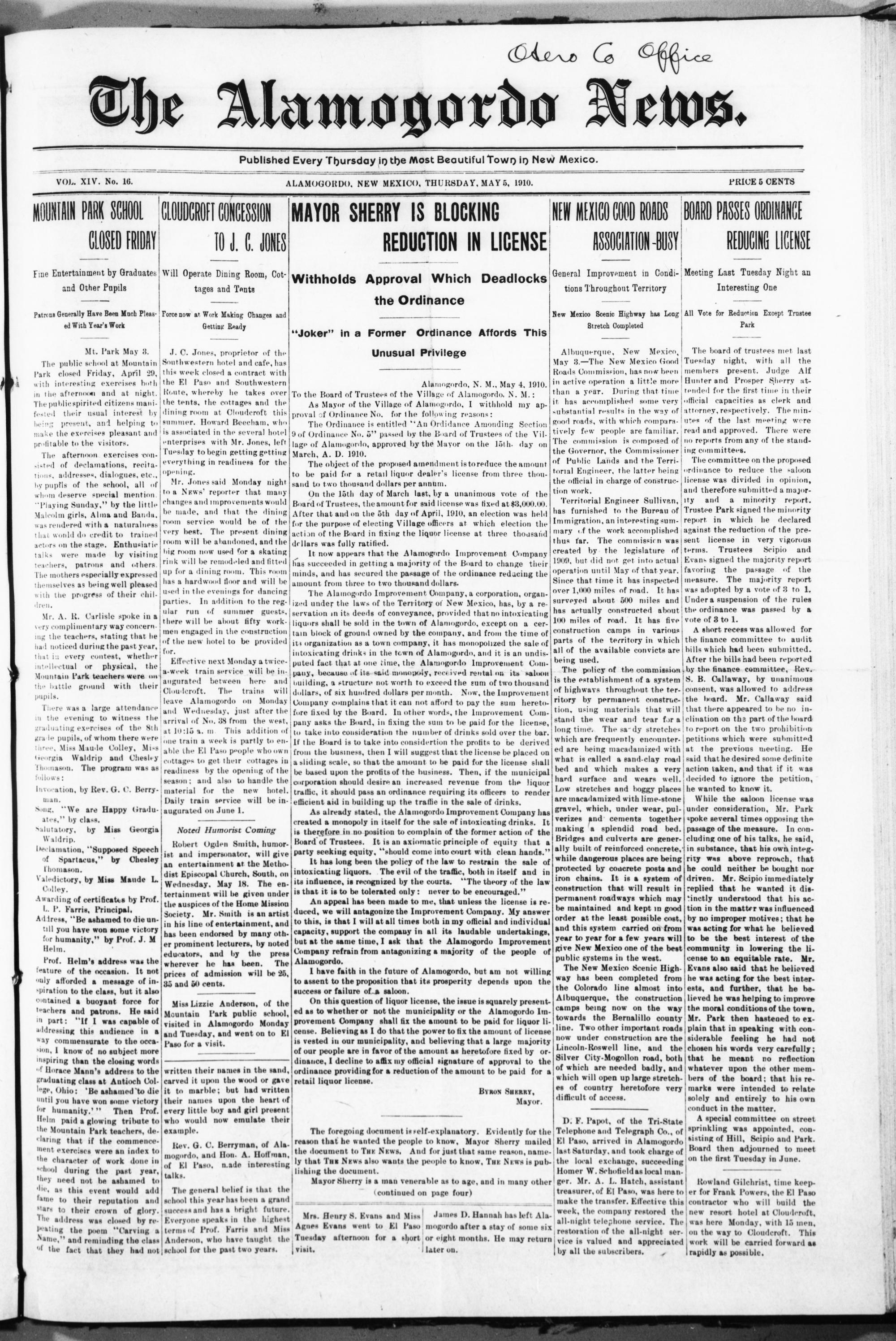 The Alamogordo News (5 May 1910, Page 1)