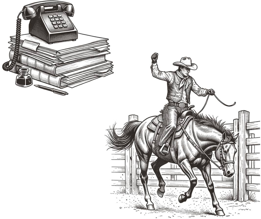 Generated cover illustration inspired by Sam Waldrip's original title page, with telephone-and-ledger and bucking-bronco motifs