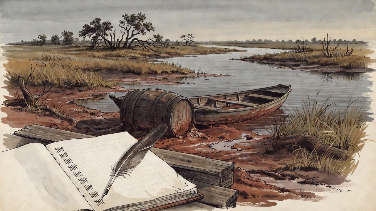 An ink and wash drawing of a tidewater river fork at dawn, a tobacco hogshead on a muddy landing, and the corner of an open ledger with tally strokes down its margin.