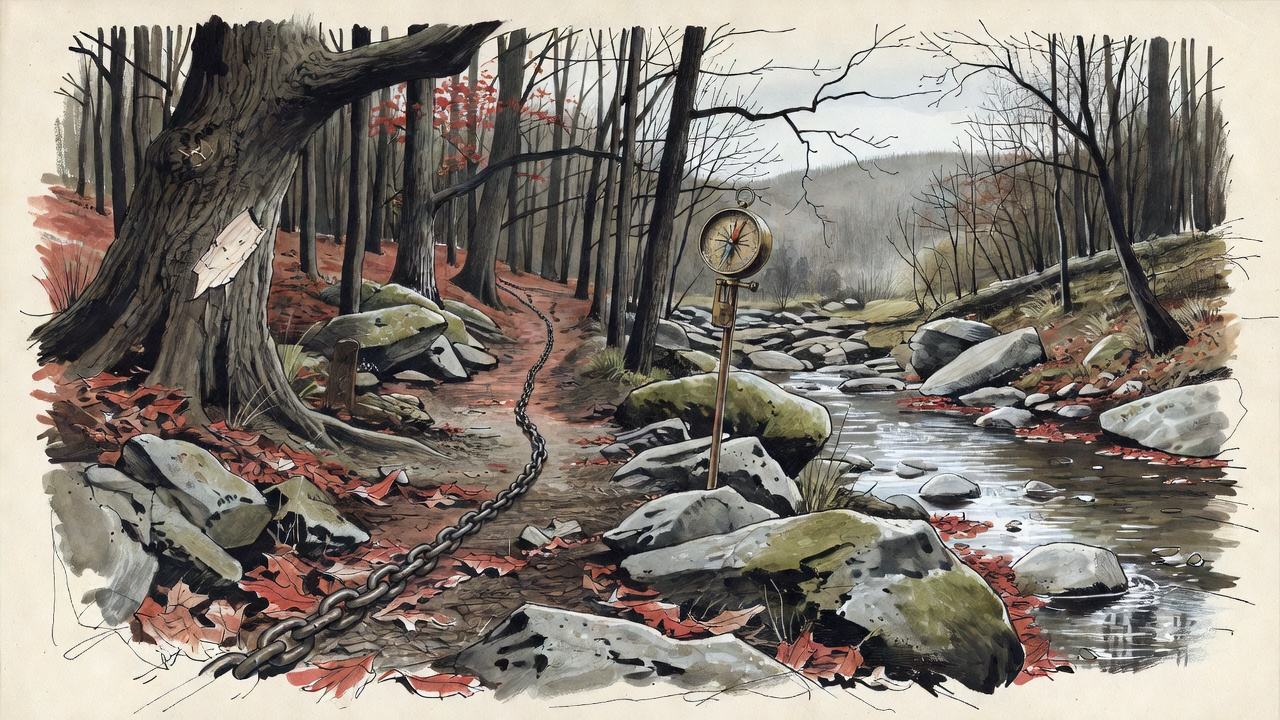 An ink and wash drawing of a surveyor's line cut through bare hardwood forest: a blazed oak, a Gunter's chain across leaf litter, a compass on a staff, a shallow creek over limestone.