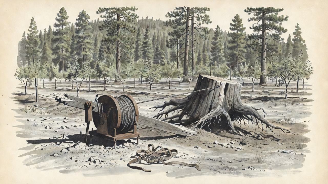 An ink and wash drawing of a horse-powered stump puller in a cleared orchard: an iron drum wound with cable, a long wooden sweep beam splintered at one end, and a huge pine stump torn half out of the ground, with rows of young fruit trees and pine forest behind.