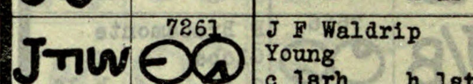 The 1921 Arizona brand register, printed page 50: the brand as the letters J F W with the F laid on its side, beside entry number 7261 and the words J F Waldrip, Young.